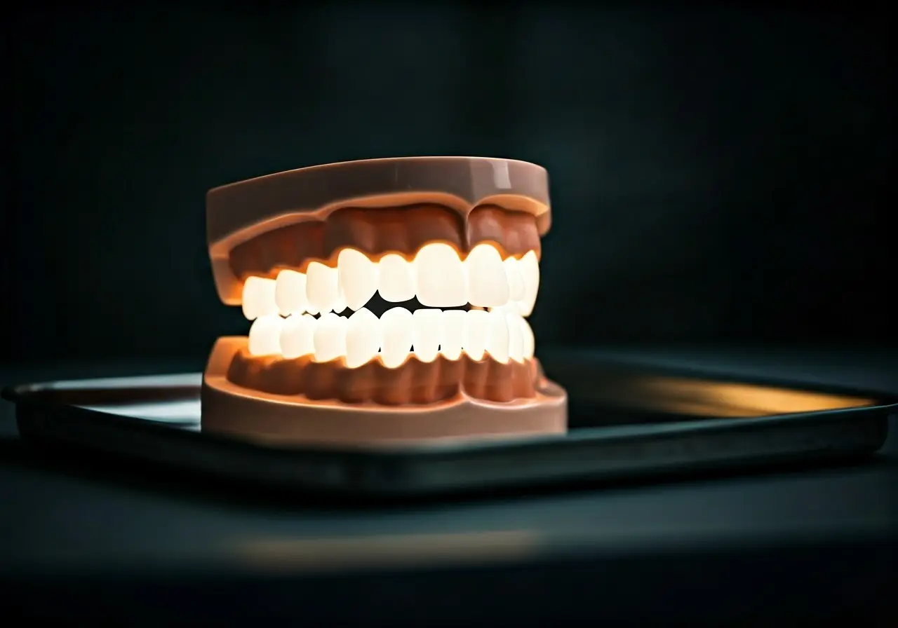 A glowing white teeth model on a dental tray. 35mm stock photo