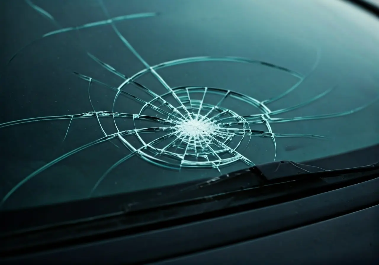 A close-up of a windshield with a visible crack. 35mm stock photo