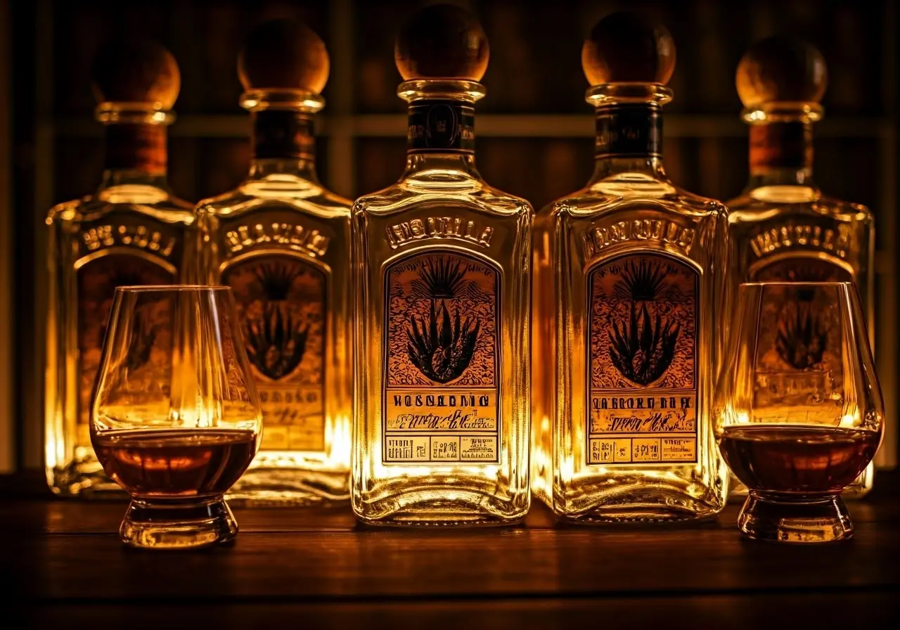 A close-up of tequila bottles with tasting glasses. 35mm stock photo