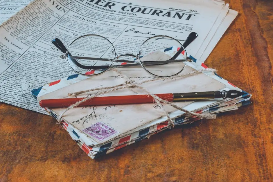 Historical letters and a fountain pen on a vintage wooden table, alongside eyeglasses and a newspaper.