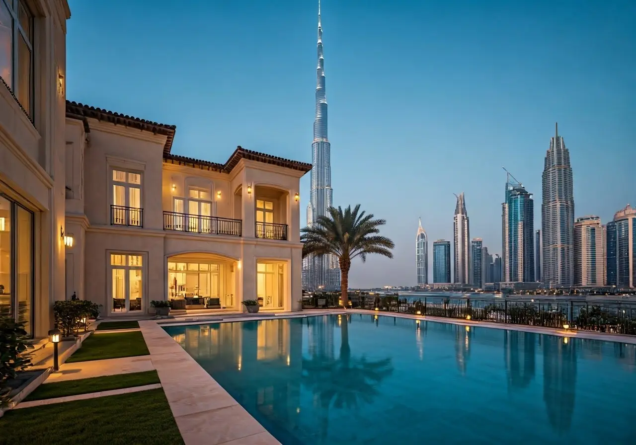 A luxury home with a view of Dubai’s skyline. 35mm stock photo