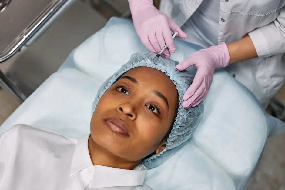 Close-up of a woman receiving a botox injection at a clinic, showcasing a cosmetic procedure.