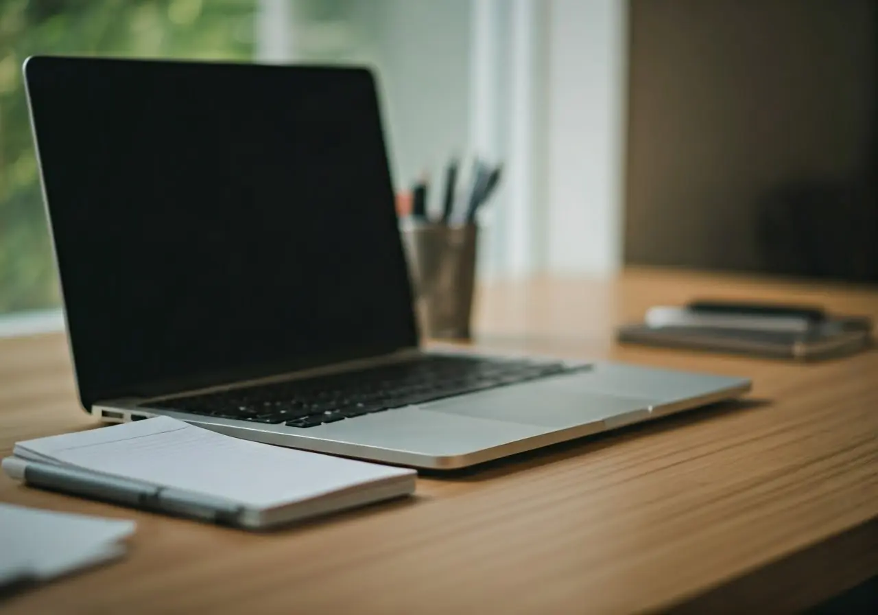 A clean, organized office desk with a laptop and notepad. 35mm stock photo