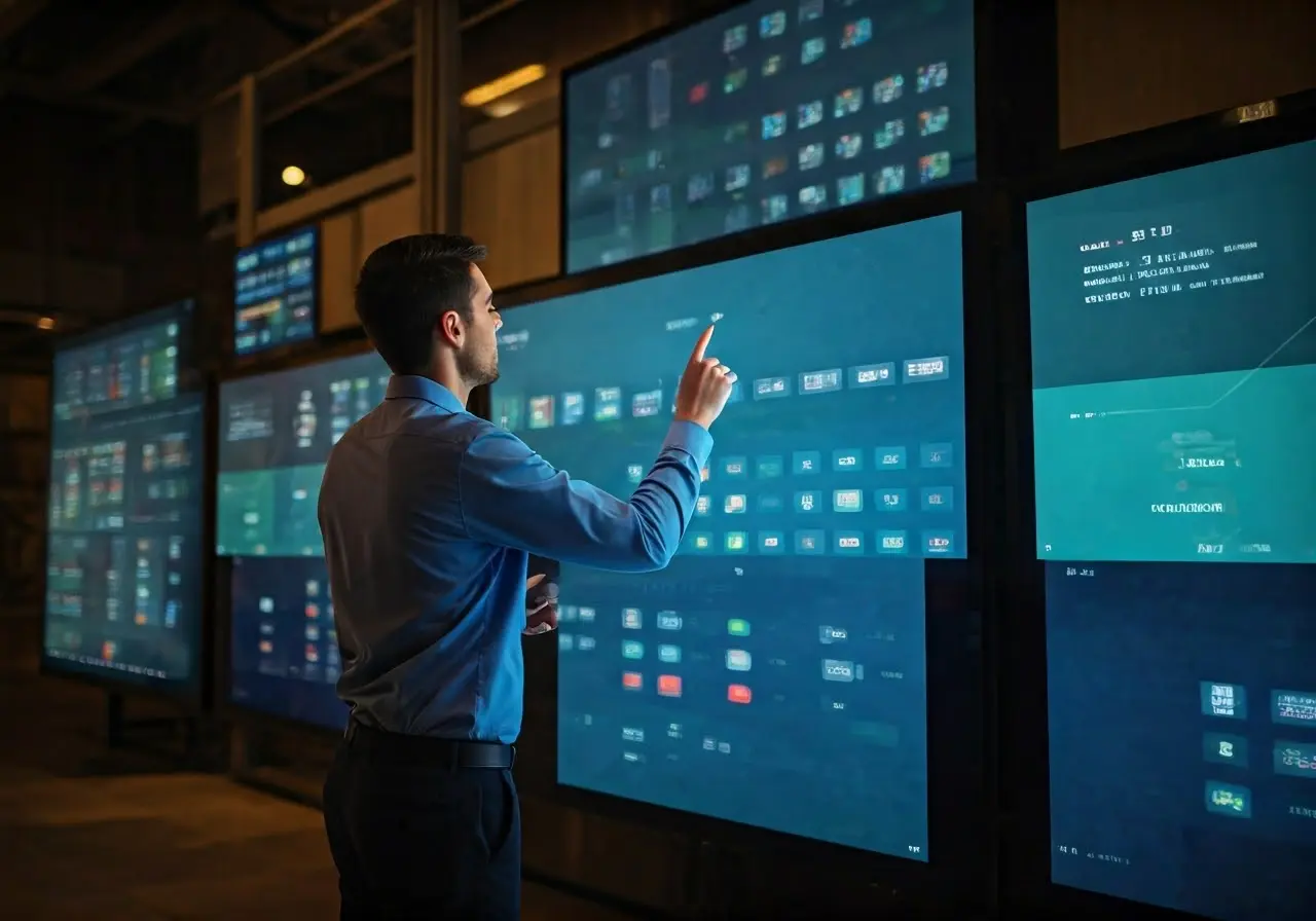 A technician inspecting digital signage with multiple screens in use. 35mm stock photo