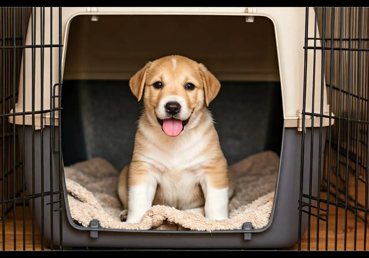 A happy puppy sitting comfortably inside a cozy crate. 35mm stock photo