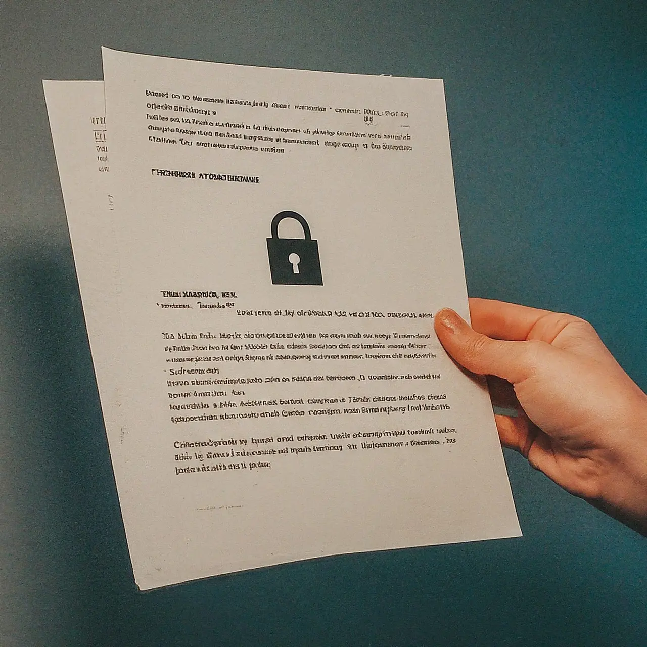 A hand holding a secure document with a lock symbol.