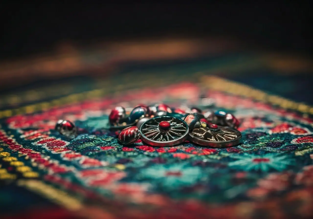 Colorful wheel pins scattered on intricate embroidered fabric. 35mm stock photo