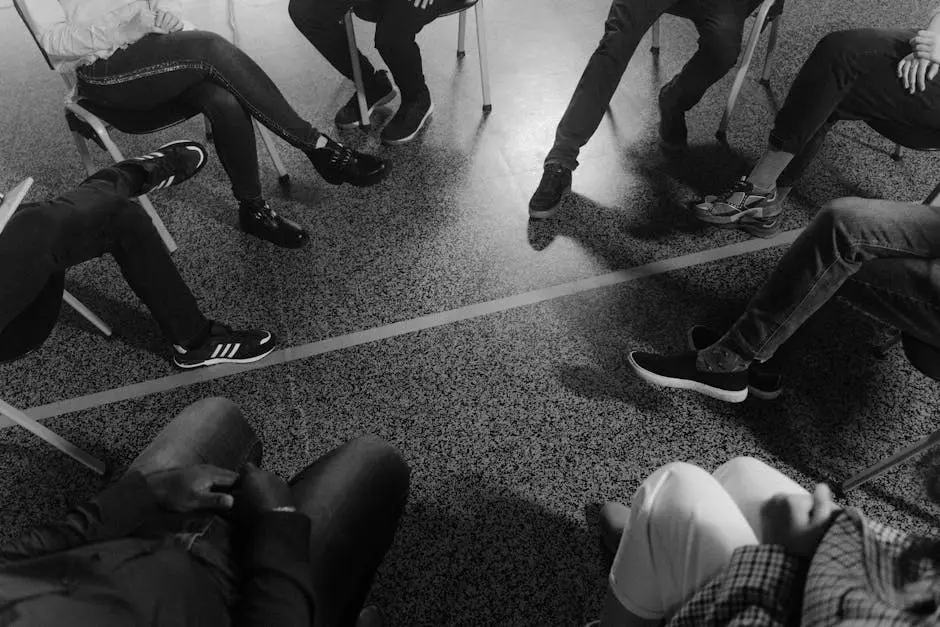 Black and white photo of a support group session indoors with diverse participants.