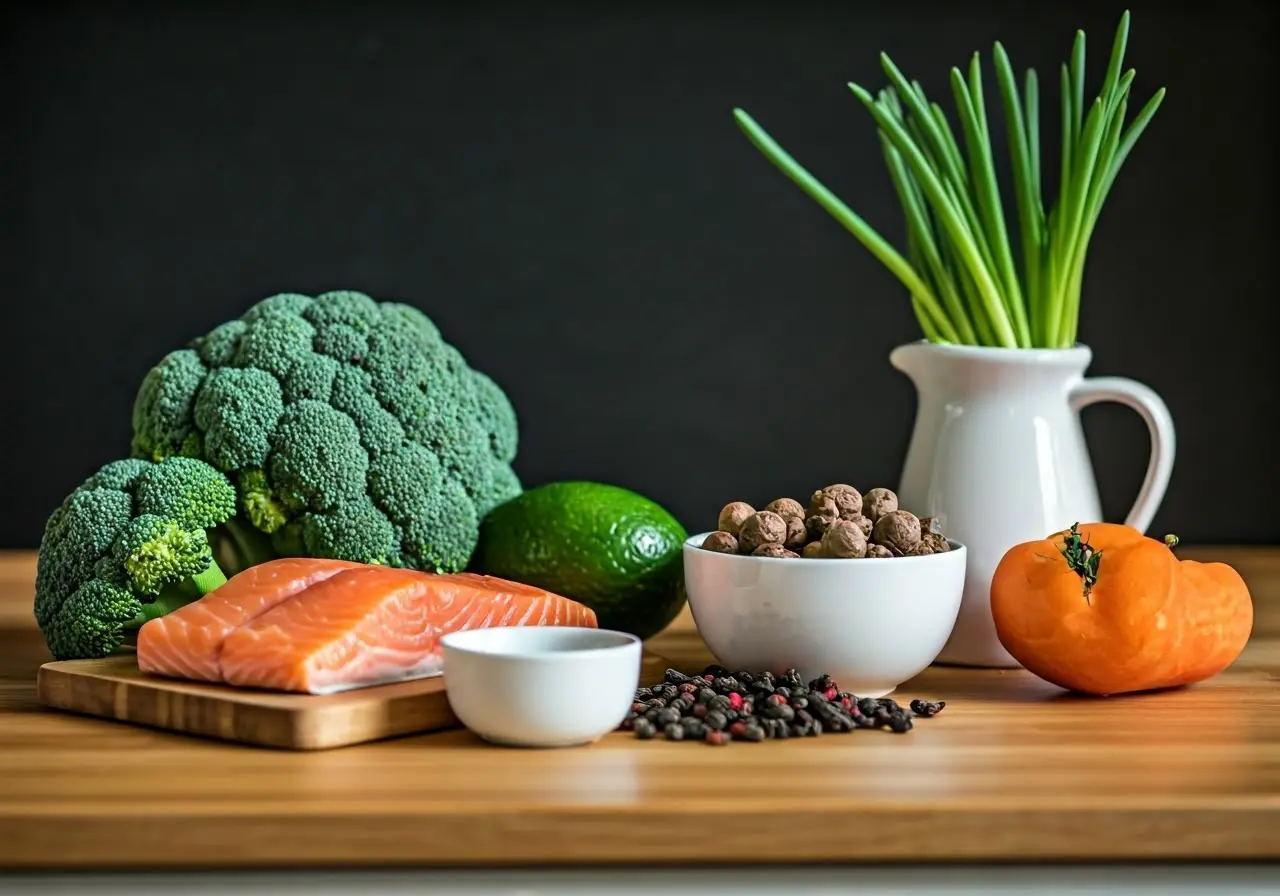 Healthy keto ingredients arranged on a kitchen countertop. 35mm stock photo