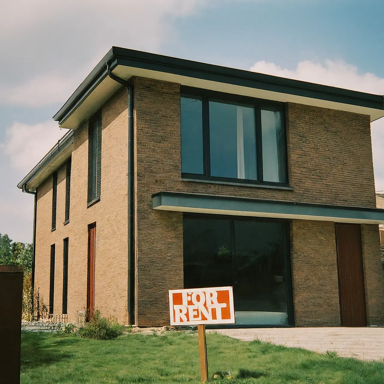 A modern house with a ‘For Rent’ sign in front. 35mm stock photo