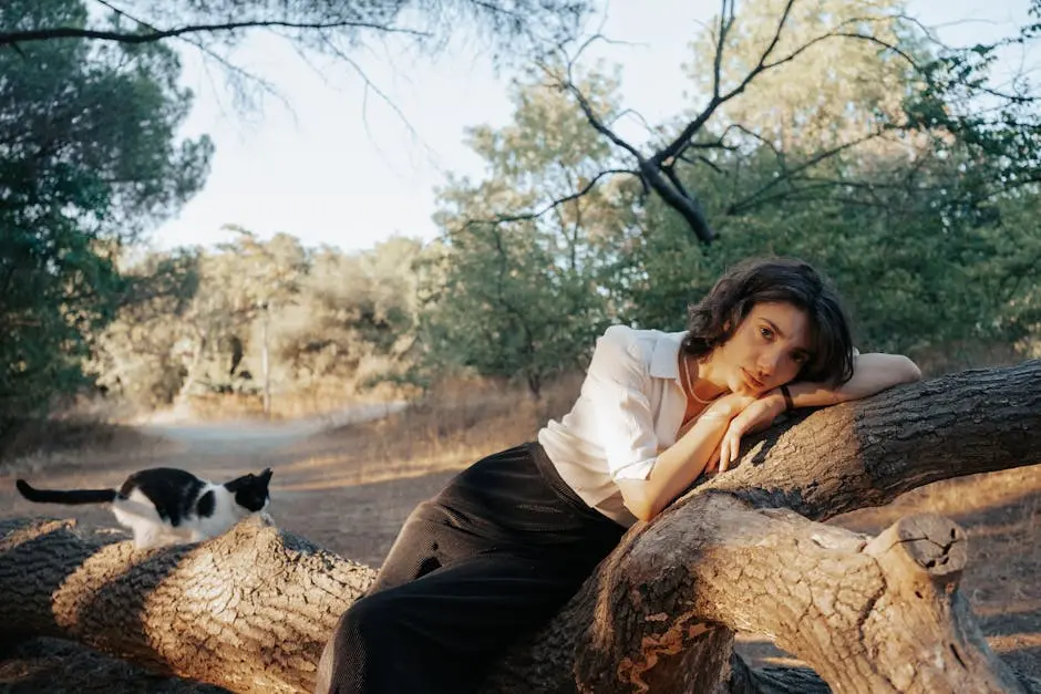 Young Woman and a Cat Sitting on a Tree Log in the Forest