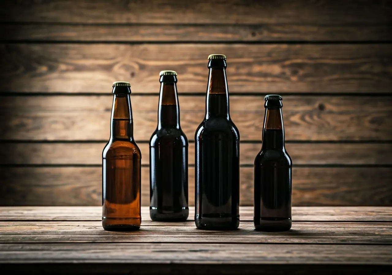 Assorted small batch beer bottles on a rustic wooden table. 35mm stock photo