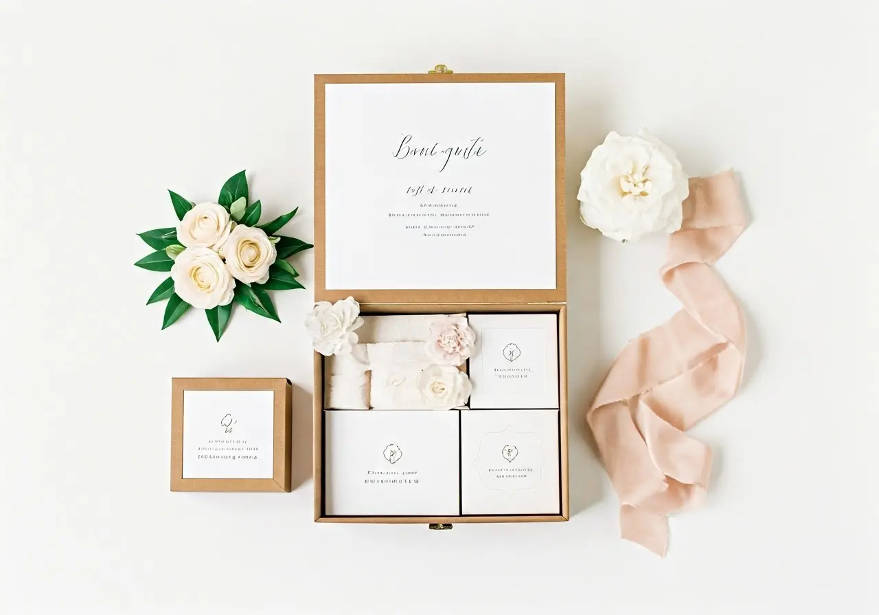 A beautifully arranged flat lay of personalized bridal box items. 35mm stock photo