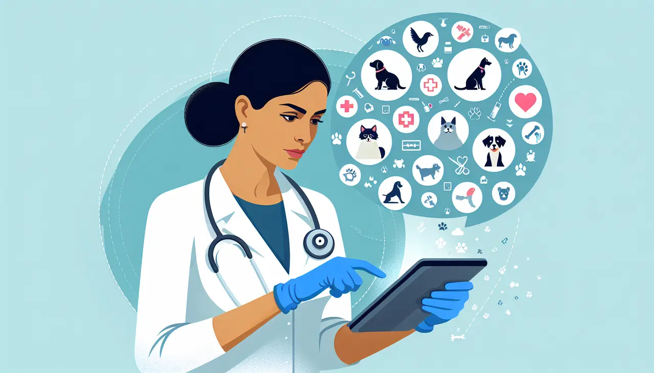 Draw a graphic in flat design style. Create an image of a veterinarian using a tablet displaying animal health software with icons of pets and medical symbols around it.