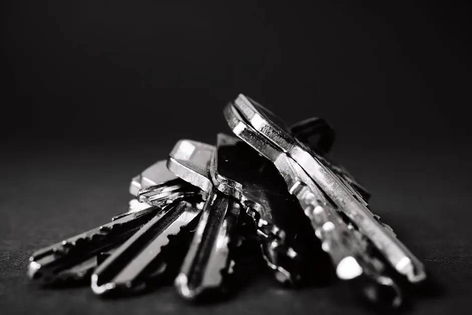 A close-up shot of a pile of metallic keys on a dark surface, emphasizing security and precision.