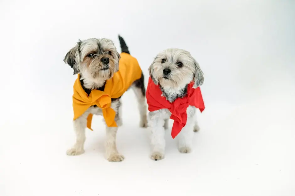 Two cute dogs dressed in red and yellow capes on a white background, striking a superhero pose.