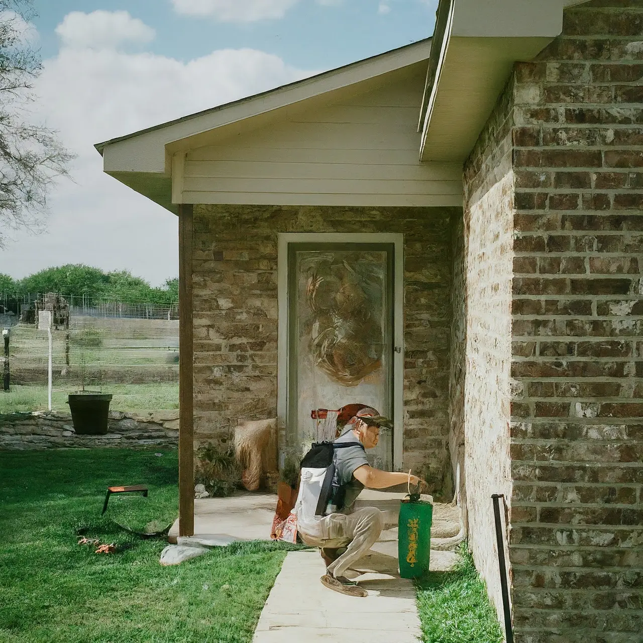 A pest control technician inspecting a house in Seguin, TX. 35mm stock photo