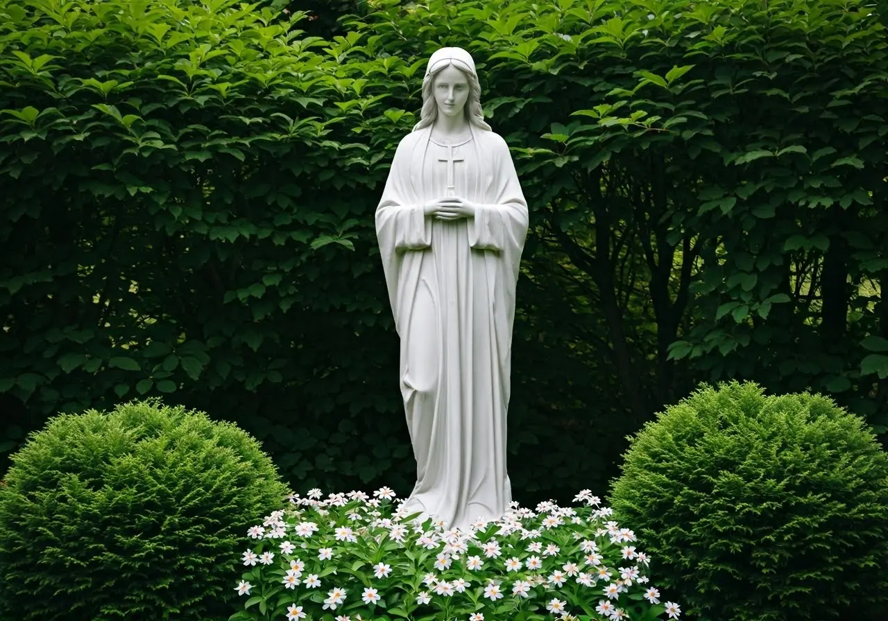 A beautiful Catholic statue in a peaceful garden setting. 35mm stock photo