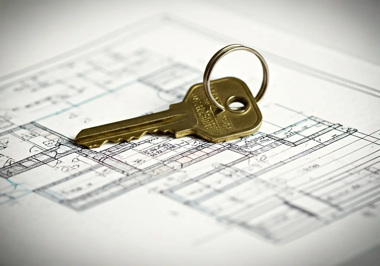 A shiny key resting on an open house blueprint. 35mm stock photo