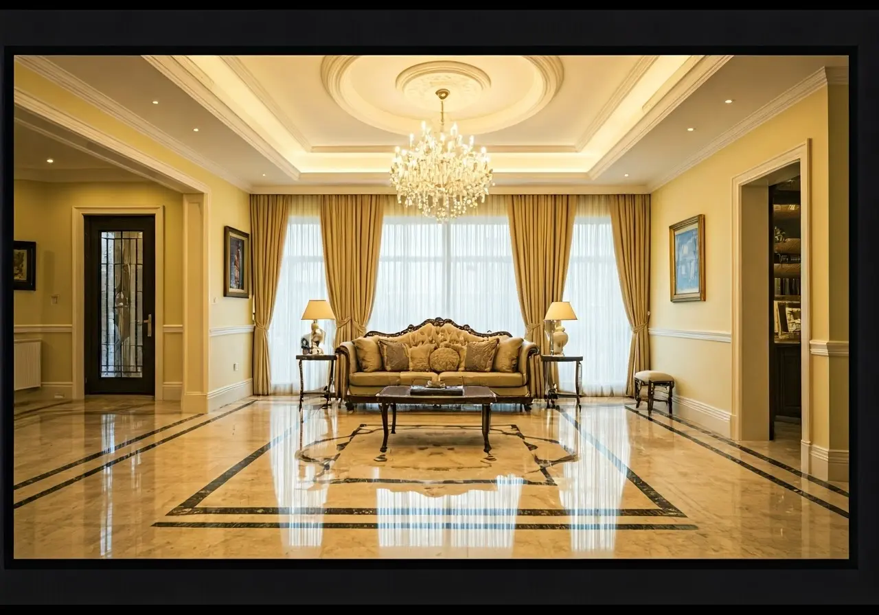 A spacious marble-floored living room with a grand chandelier. 35mm stock photo