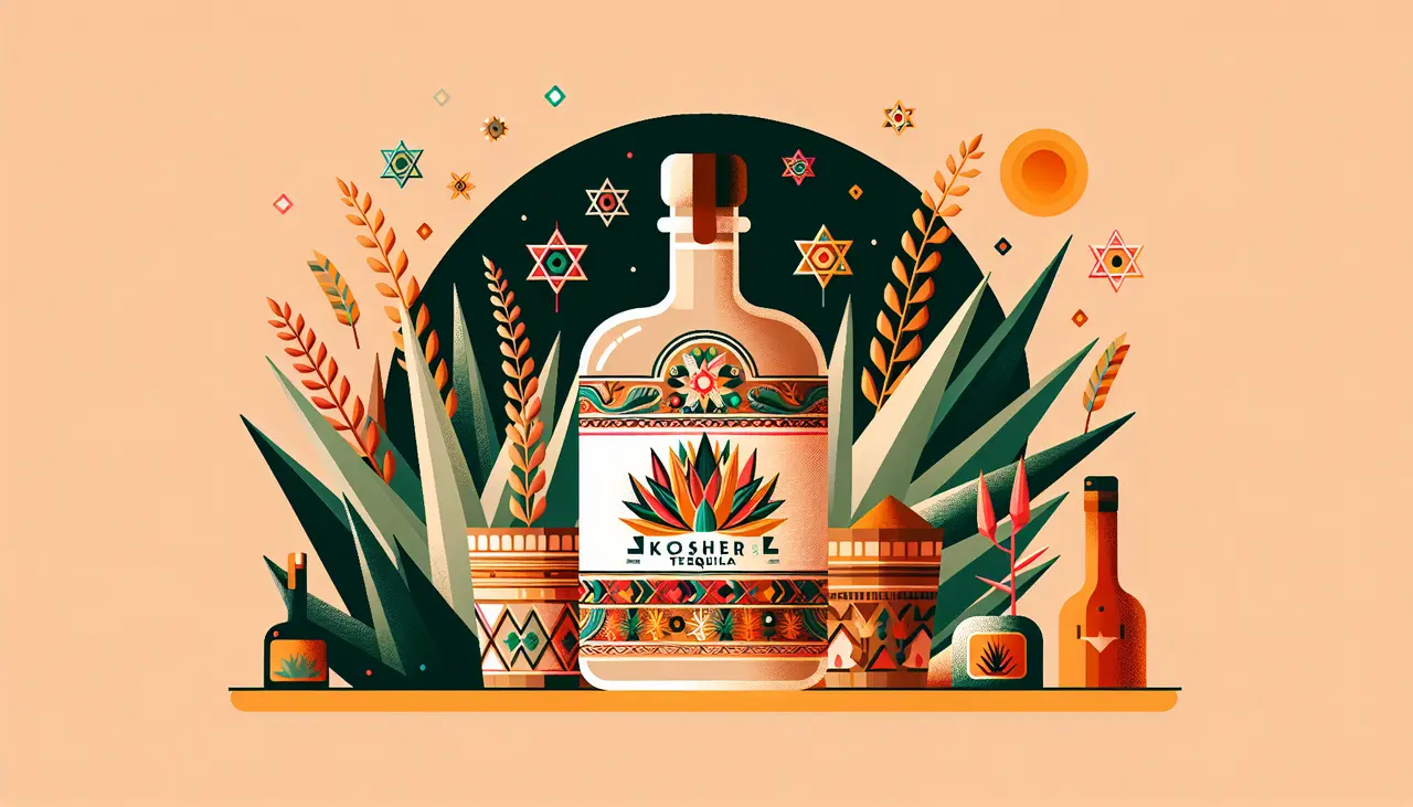 Draw a graphic in flat design style. A bottle of kosher tequila with traditional Mexican motifs, surrounded by agave plants, against a minimalist, warm-colored background.