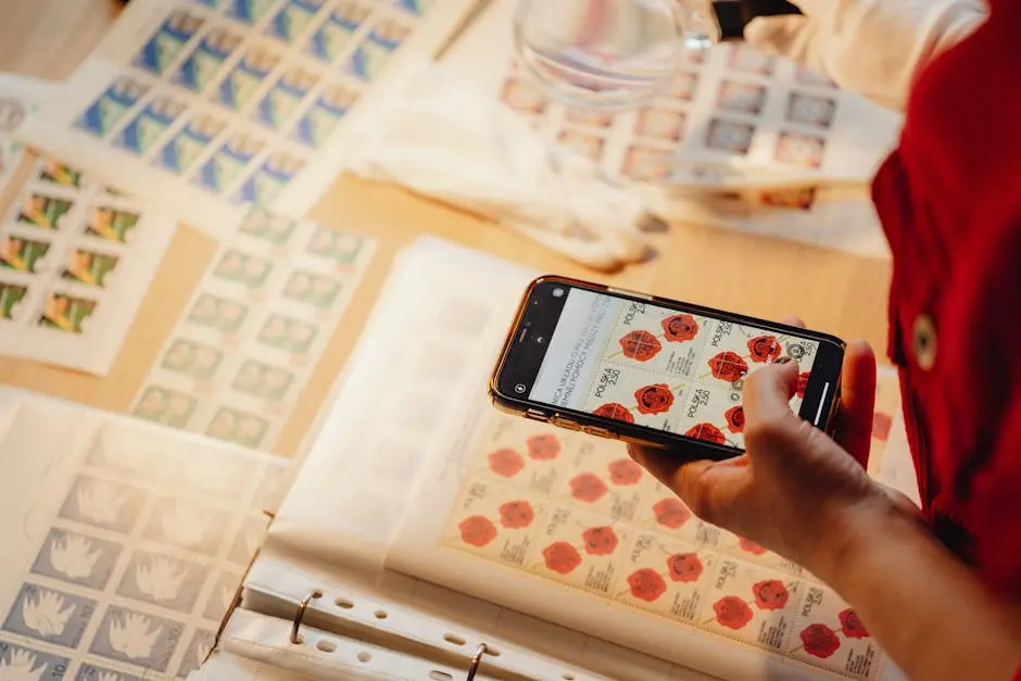 Person Holding a Smartphone Taking Photos of Postage Stamps