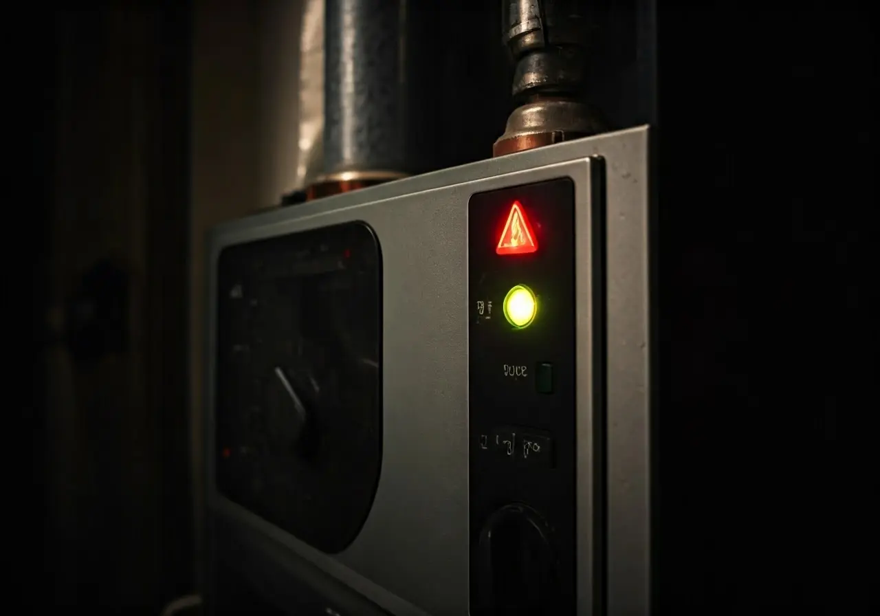 A close-up of a malfunctioning furnace with warning lights. 35mm stock photo