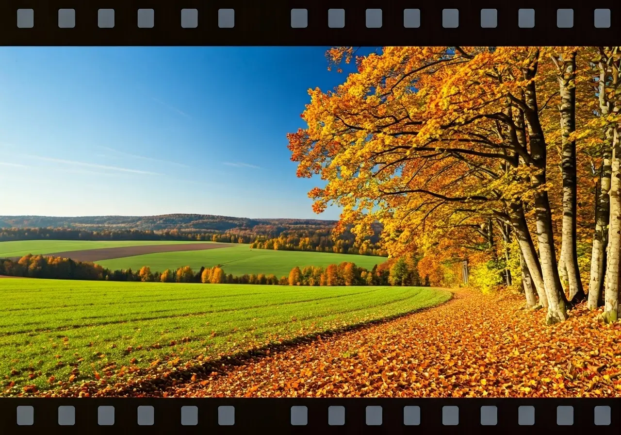 A serene landscape with autumn colors representing mental well-being. 35mm stock photo