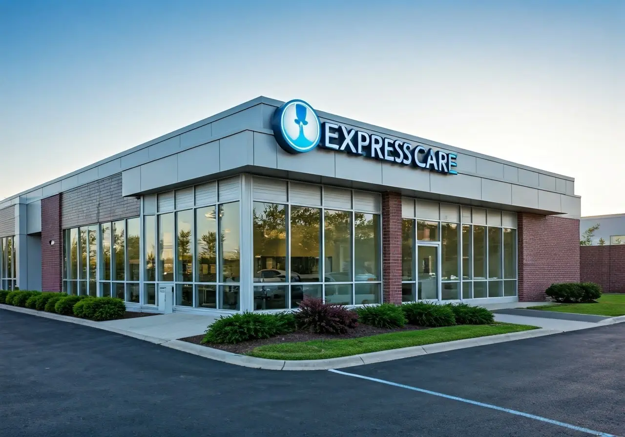 Bright modern clinic exterior with clear Express Care signage. 35mm stock photo