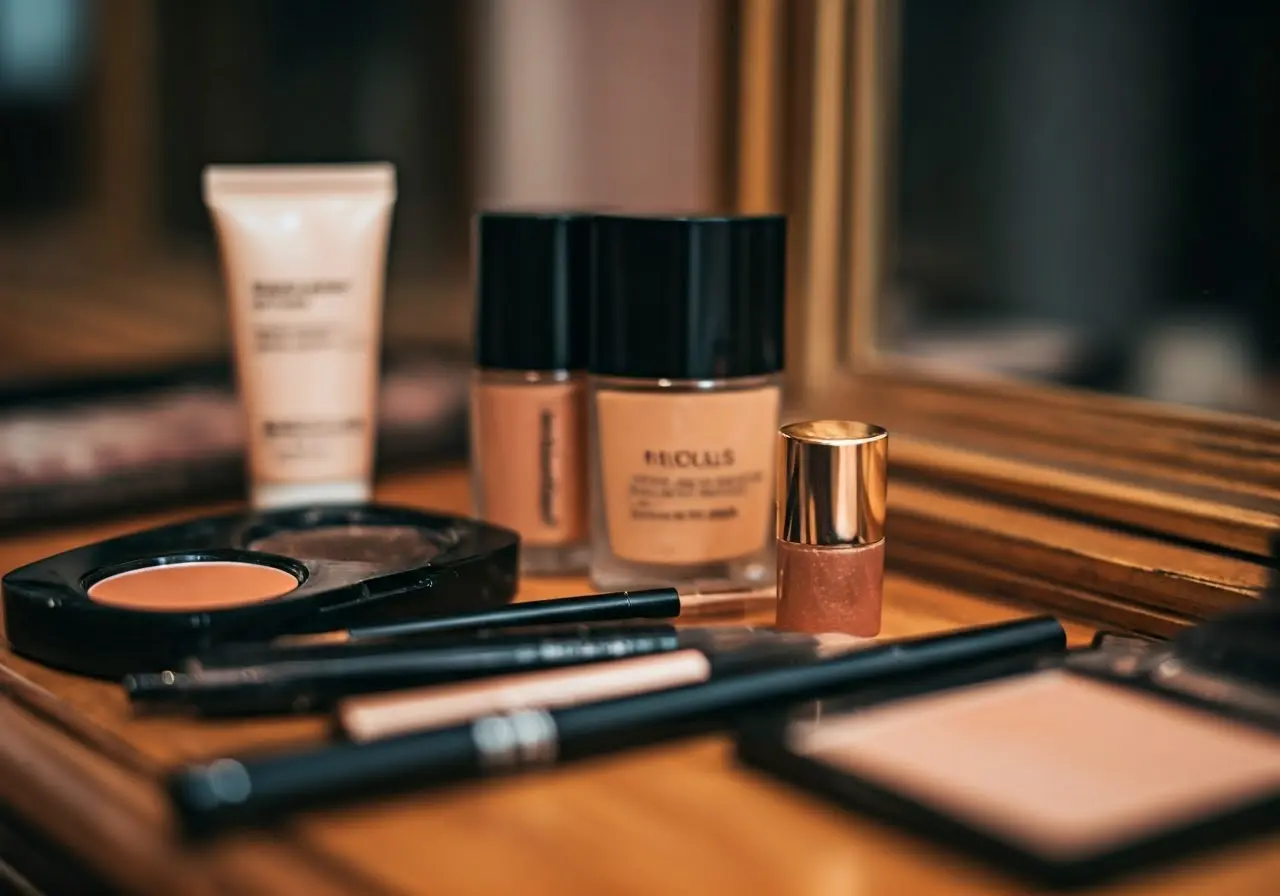 A close-up of facial contouring makeup products on a vanity. 35mm stock photo