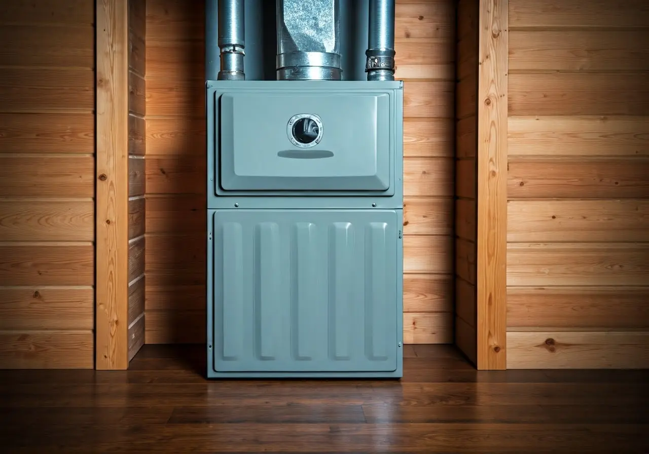 A well-maintained furnace in a cozy home setting. 35mm stock photo