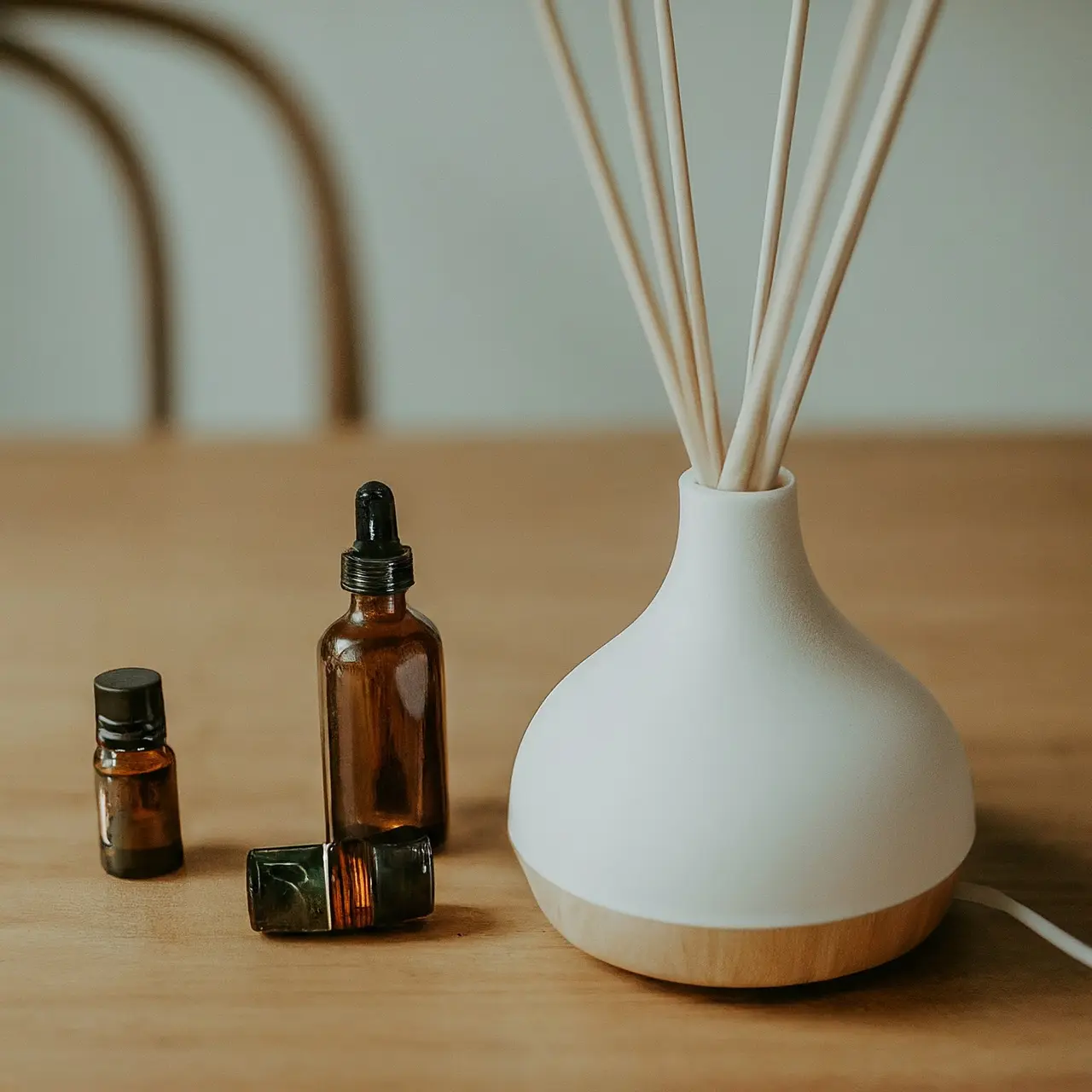 Bottles of essential oils with a diffuser on a desk. 35mm stock photo