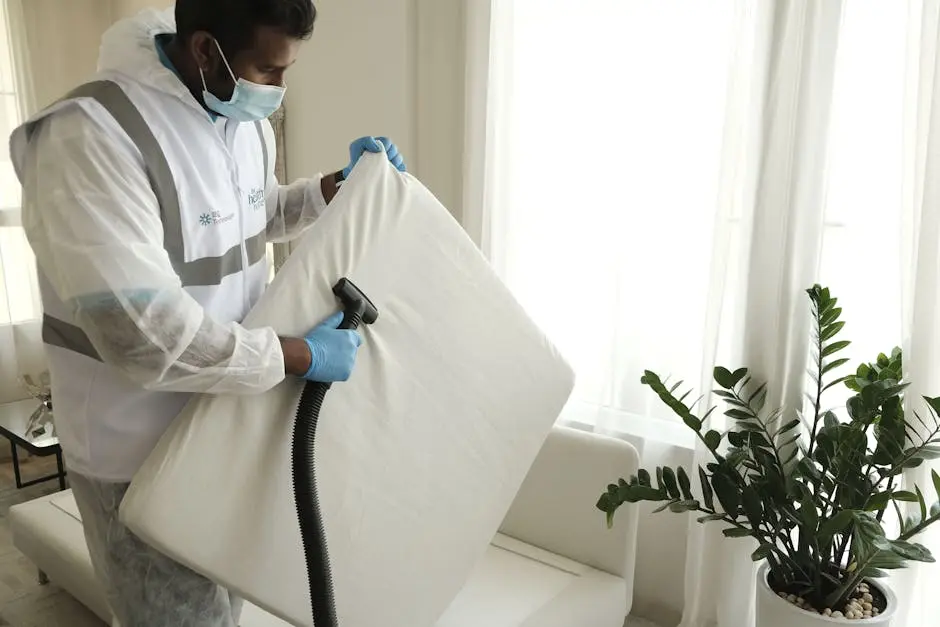 Man in protective gear vacuuming a mattress in a modern home interior.