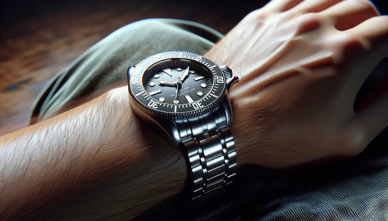 A diver's watch with a steel bracelet on a wrist