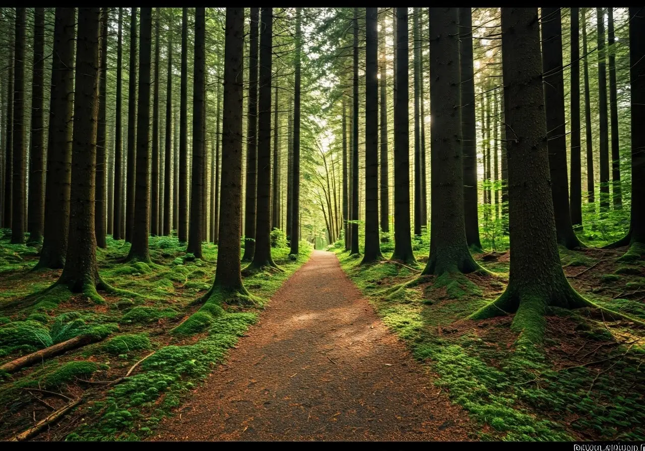 A serene forest path in Oregon with sunlight filtering through. 35mm stock photo