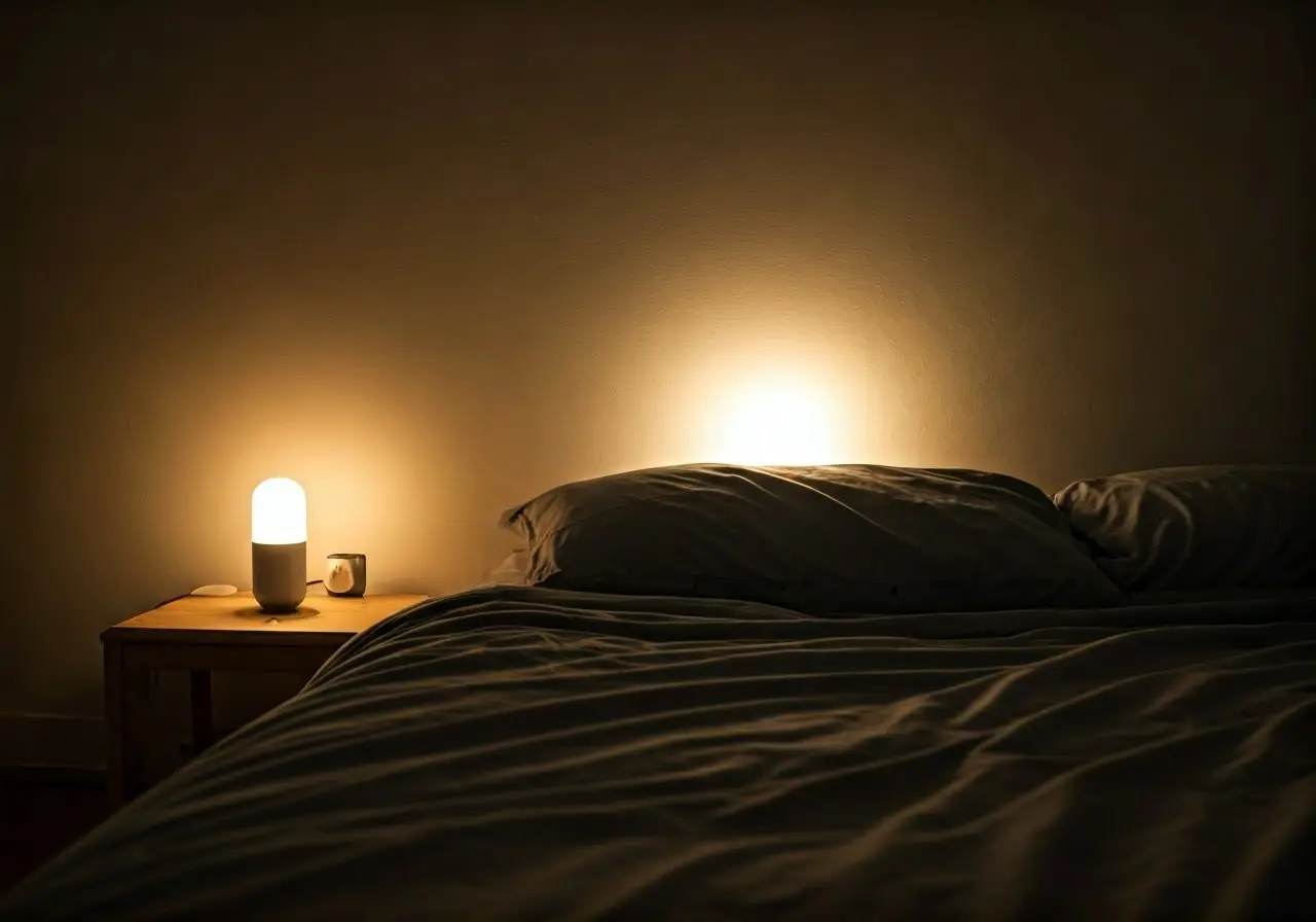 A tranquil bedroom with soft ambient light and a sound machine. 35mm stock photo