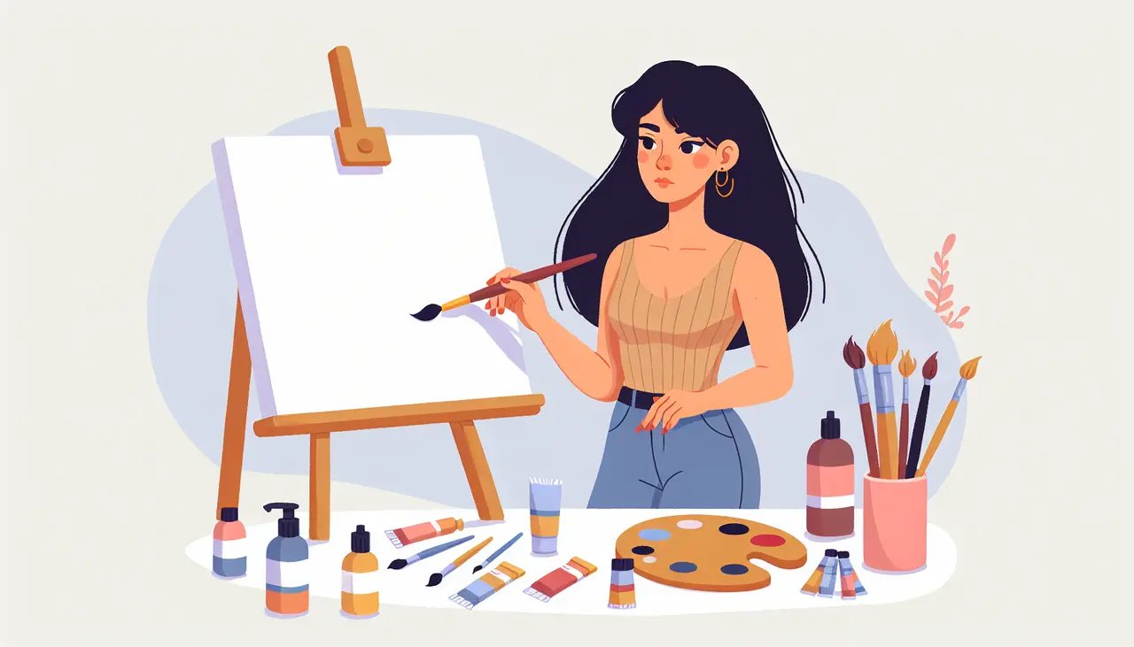 Draw a graphic in flat design style. A person holding a paintbrush in front of a blank canvas with paint supplies around.