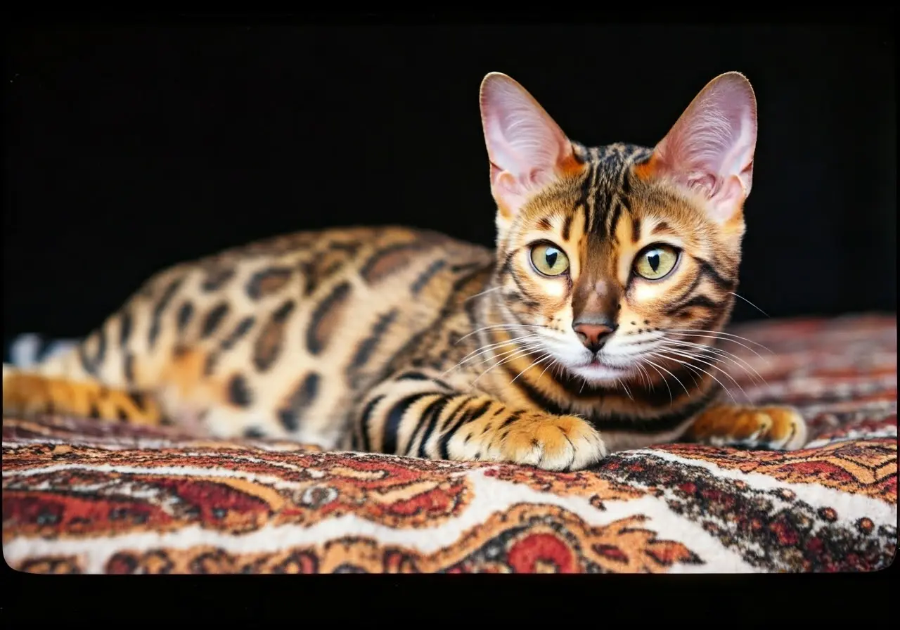 A Bengal cat lounging on a patterned blanket. 35mm stock photo