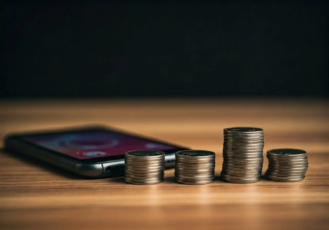 A smartphone displaying Instagram with stacks of coins nearby. 35mm stock photo