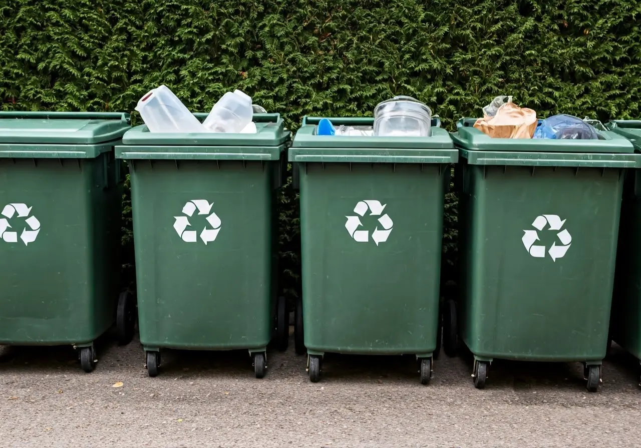 Recycling bins filled with sorted recyclable materials outdoors. 35mm stock photo