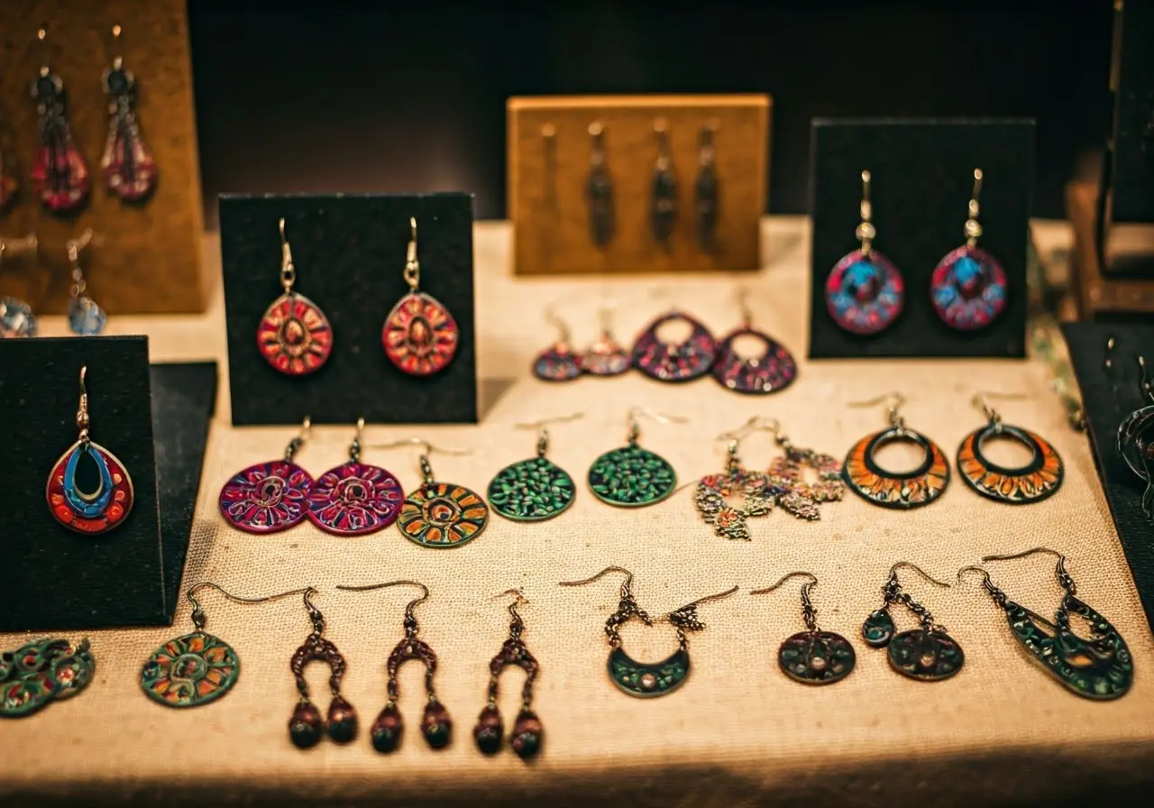 A display of colorful handcrafted artisan earrings on a table. 35mm stock photo