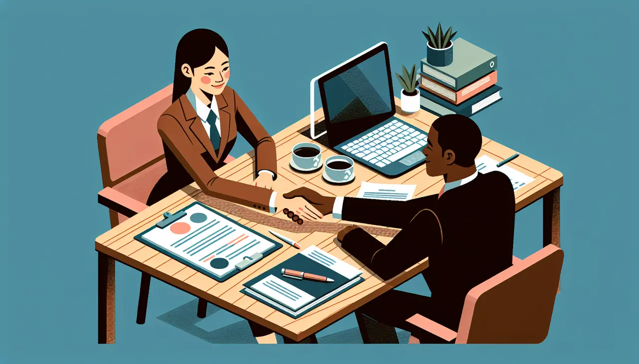 Draw a graphic in flat design style. Two business professionals shaking hands over a desk with documents and a laptop, symbolizing successful communication.