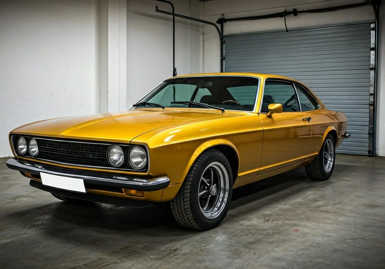 A clean car with a gleaming finish in a garage. 35mm stock photo