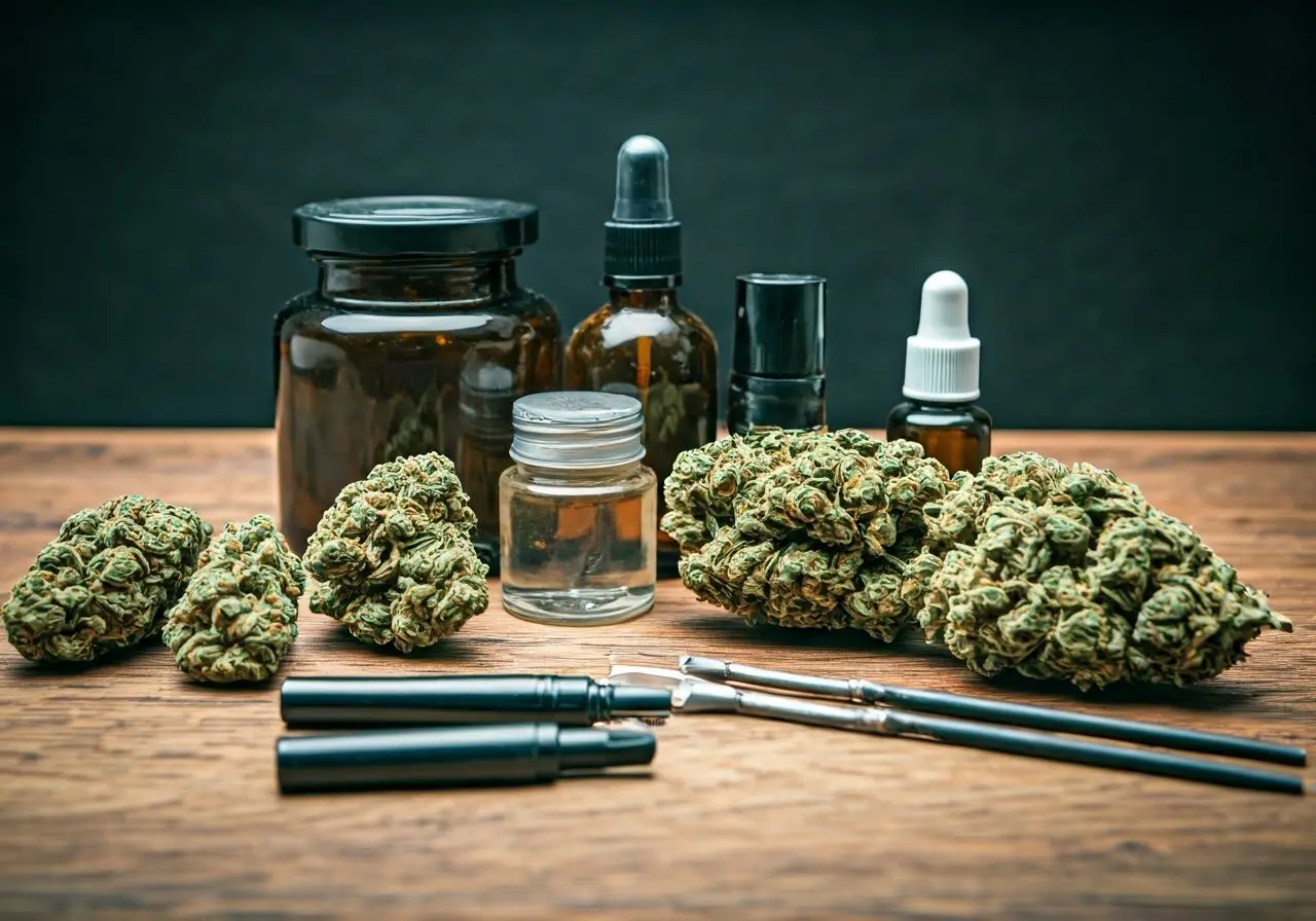 A variety of cannabis products spread out on a table. 35mm stock photo