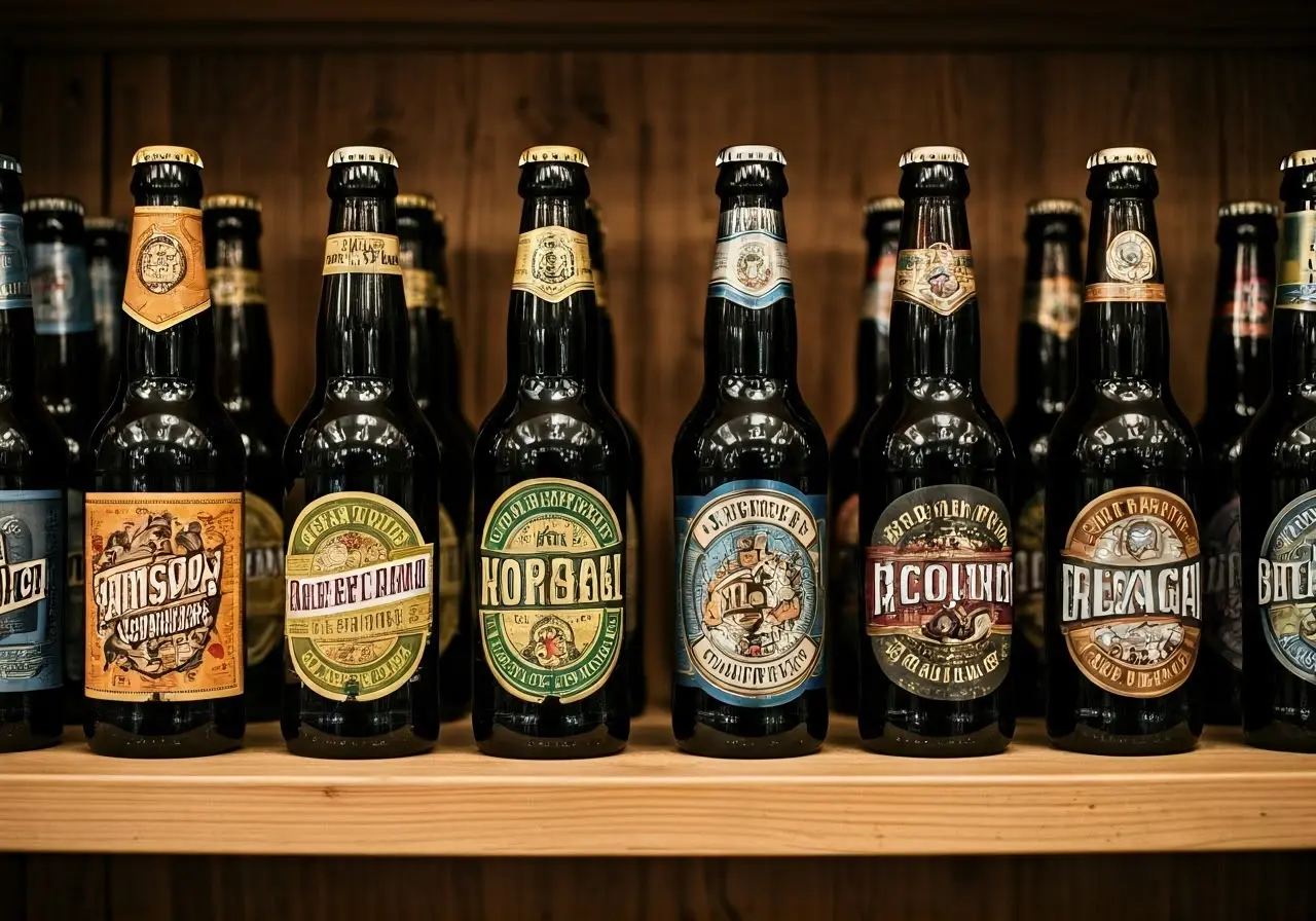 A variety of colorful craft beer bottles on a wooden shelf. 35mm stock photo