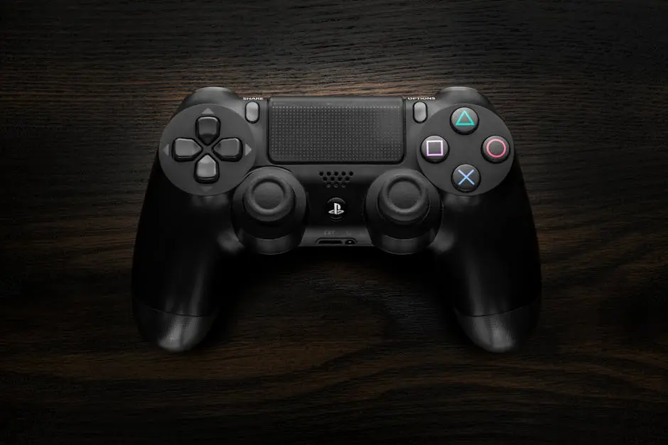 High-resolution image of a Sony DualShock 4 game controller against a dark wooden background.