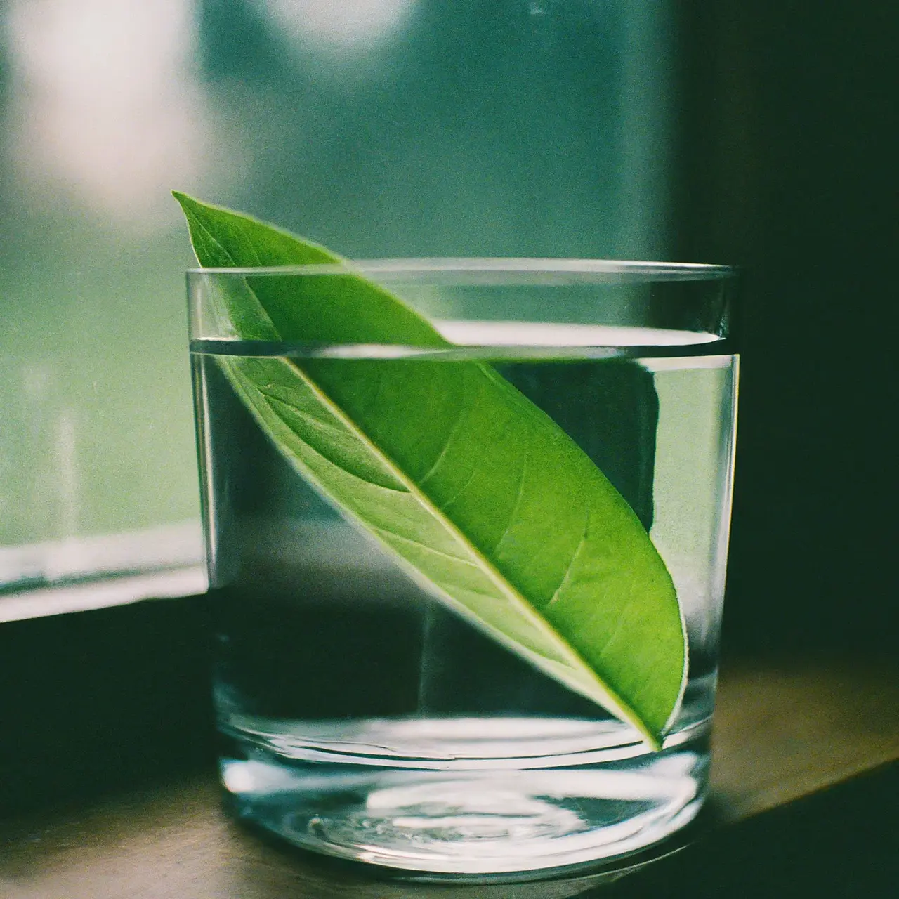 Clear glass of water with green leaves floating inside. 35mm stock photo