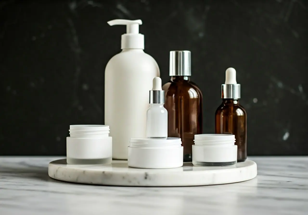 An array of skincare product bottles and jars on marble. 35mm stock photo