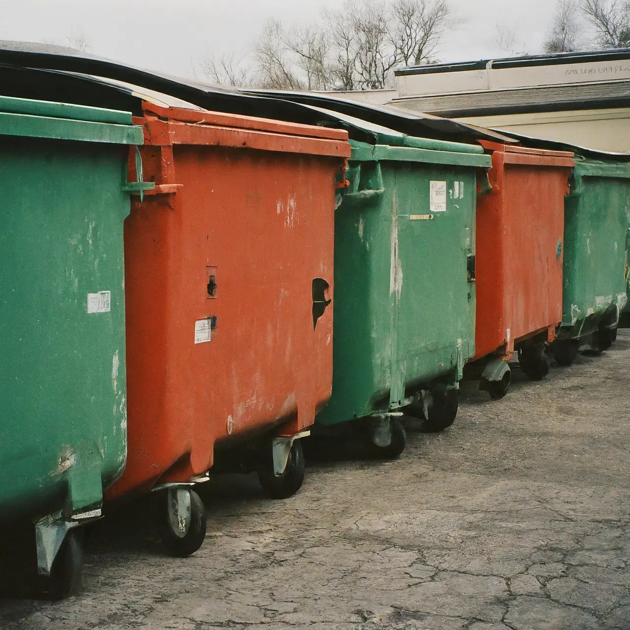 A variety of dumpsters lined up in a row. 35mm stock photo