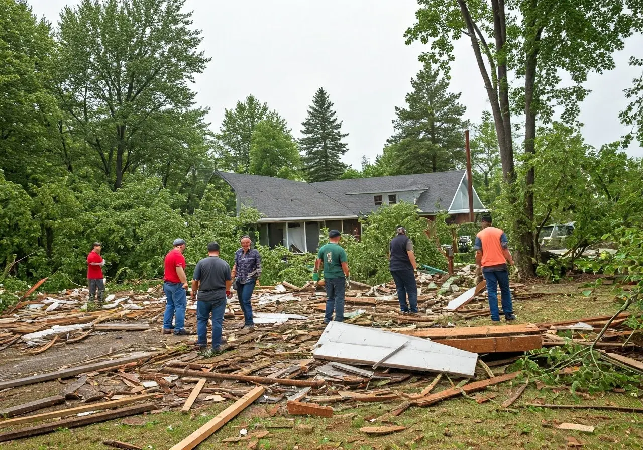 A group of volunteers cleaning up debris after a storm. 35mm stock photo